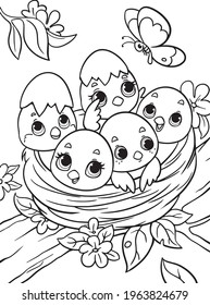 Chicks in the nest coloring book for kids. Black and white outline. Children s task Zoo page. Animals of Africa. Illustration for children. Cartoon characters. Isolated