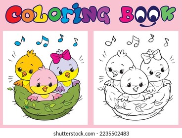 Chicks in the nest. Coloring book for kids.