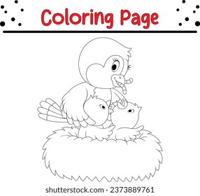 Chicks in the nest Coloring page vector illustration. Bird Coloring book for kids.