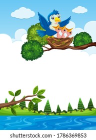 Chicks in nest on tree branch illustration