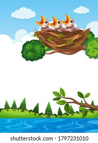 Chicks in nest on tree branch illustration