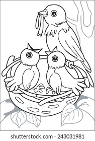 Chicks in the nest. In the nest sit two chicks with open beaks, bird mother brought them in its beak worm. Coloring page