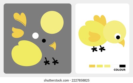 Patrón de chicks para artesanías infantiles o artesanías de papel. Ilustración vectorial del rompecabezas. patrones de corte y pegamento para la artesanía infantil.