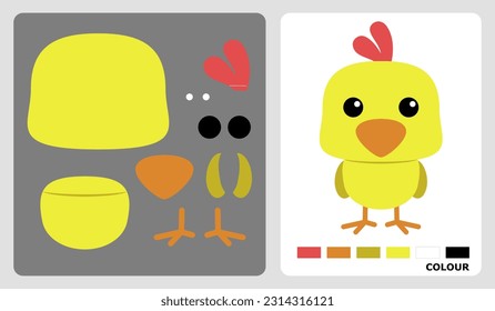 Patrón de chicks para artesanías infantiles o artesanías de papel. Ilustración vectorial del rompecabezas. patrones de corte y pegamento para la artesanía infantil.
