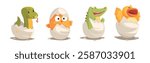Chicks and Reptiles Hatch from Cracked Egg Shell Vector Set
