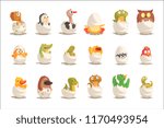 Chicks and reptiles hatch from eggs set, unborn animals vector Illustrations