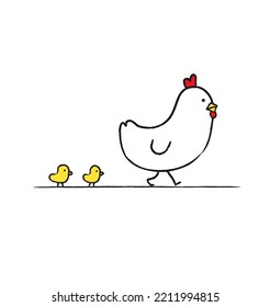 Chicks, and rooster cartoon. Chicken meat production, bird breeding. Poultry farm, animal husbandry. Chicken family on poultry farm chicken birds. Flat vector illustration. Hand drawn style.