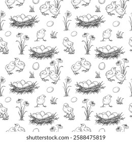 Chicks seamless vector pattern. Background with eggs, nest, chickens hand drawn with ink. Template for fabric design, label, Easter decor.