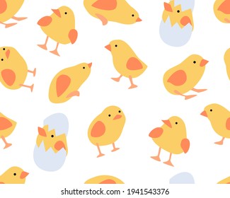 Chicks Set Characters Seamless Pattern on White Background  with Chickens Childrens Easter Doodle Cheerful Playful Seamless Pattern isolated Vector Illustration