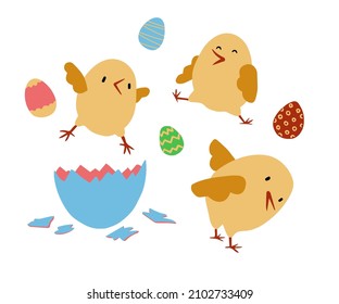 chicks set. Cute hand draw of chicks with an egg. children's print. Vector illustration on white background.