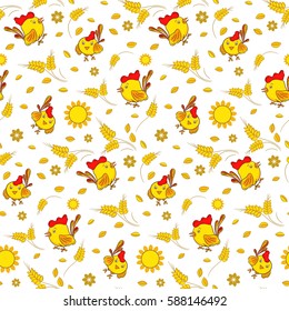 Chicks with spikelets, sun and other stylized elements. The seamless pattern on white background