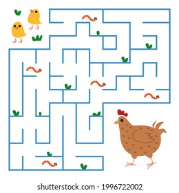 Chicks toddlers are looking for way to the mother hen through the maze  Square maze and animals for children  Children s cute game  The development preschoolers  Vector color illustration 