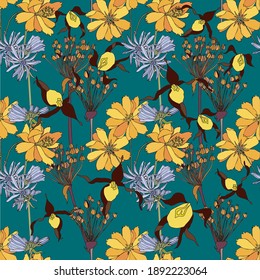 Chicory cosmos onion orchid seamless pattern. Yellow blue flower on blue botanical art design stock vector illustration for web, for print, for fabric print