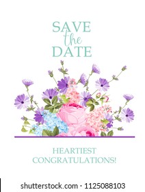 The chicory garland elegant card. A summer decorative bouquet of endive and rose flowers. Small floral garland. Vector illustration.