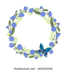 Chicory wreath, wild flowers and medicinal herbs. Design for herbal tea, natural cosmetics, perfume, health care products, homeopathy, aromatherapy.