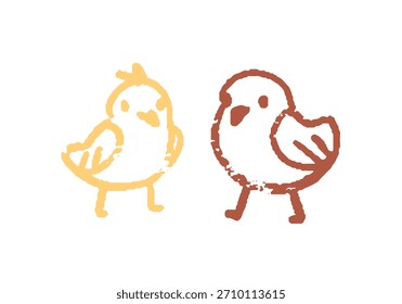 Niños garabatos de lindos pollitos. Divertidos crayones garabatos de pájaros bebés, pajaritos felices. Arte de pared de tiza de los niños de animales de granja. Ilustración vectorial aislada dibujada a mano en el fondo blanco