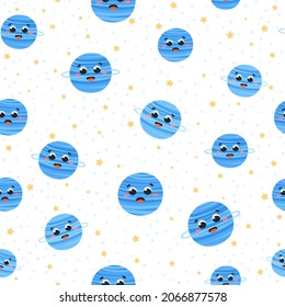Patrón de espacio infantil sin fisuras con dibujos del planeta azul lindo sobre fondo blanco con estrellas, adorno para ropa de cama o textil en estilo de dibujos animados, aventura galaxia
