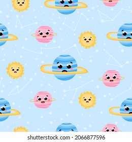 Chidish space seamless pattern with cute planets charcters of solar system on light pastel background with stars, ornament for bedding or textile in cartoon style, galaxy adventure