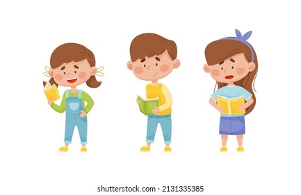 Chidlren reading books set. Elementary school students with books. Kids education cartoon vector illustration