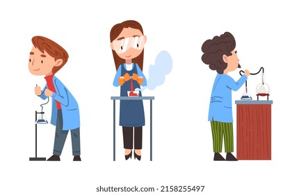 Chidlren scientists in lab coat doing scientific research in laboratory cartoon vector illustration