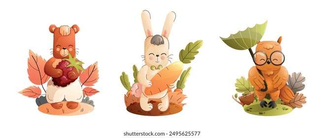 Chidren cute animal set. Illustrations of Forest Animals Set in an Enchanting Autumn Theme for All