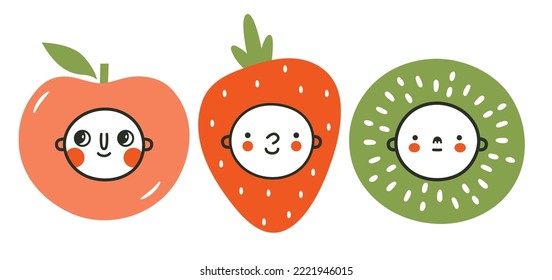 Chidren set of cliparts with baby faces, kawaii' fruits. Vector cute illustrations with apple, strawberry, kiwi for logo, card, baby shower, kids' merch, sticker. Different kids emotions.