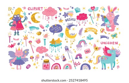 Chidrens magic animals set. Big collection with fairytale characters, fairy cat, unicorn
