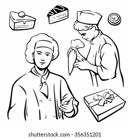 Chief and assistant cook making a cake. Vintage black and white vector illustration. Hand drawn design element for label and poster