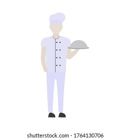 The chief in the cap holds a tray of food in his hand. Flat vector character isolated on white background. Profession cook.