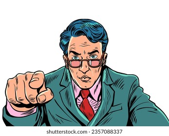 Chief choice. The customer points to the product he likes. A man in a suit and glasses points with his finger. Pop Art Retro Vector Illustration Kitsch Vintage 50s 60s Style. On a white background