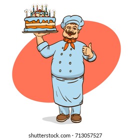 Chief cook with cake on plate. Vector illustration. Man in cooks uniform. Cartoon character with birthday cake.