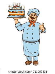 Chief cook with cake on plate. Vector illustration. Man in cooks uniform. Cartoon character with birthday cake.