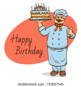 Chief cook with cake on plate. Vector illustration. Man in cooks uniform. Cartoon character with birthday cake.