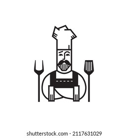 Jefe de cocina con el símbolo o logotipo de la gorra. Restaurante, concepto de comida, elementos dibujados a mano. Vector.