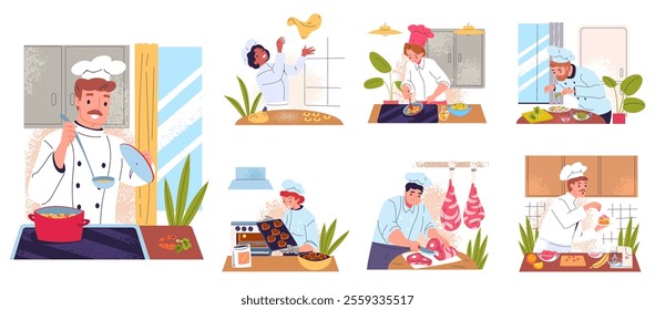 Chief cook cooking dishes. Professional chef making dish, food decorating adding ingredients sweets preparation commercial catering work, cookery set classy vector illustration original artwork