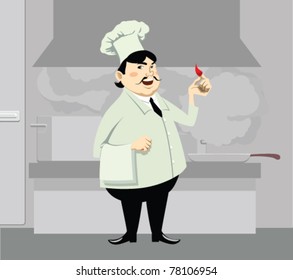 chief cook costs on kitchen costs with pepper in hand and smiles