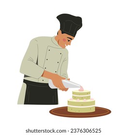 Chief cook with food concept. Man in apron and white hat with cake. Cafe or restaurant staff. Dessert and delicacy. Cartoon flat vector illustration isolated on white background