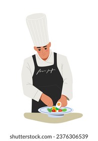 Chief cook with food concept. Man in apron and white hat preparing dish. Cafe or restaurant staff. Poster or banner. Cartoon flat vector illustration isolated on white background