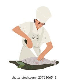 Chief cook with food concept. Man in apron and white hat with knife and fish. Cafe or restaurant staff. Social media sticker. Cartoon flat vector illustration isolated on white background