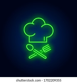 Chefkoch Hut und gekreuzter Löffel und Gabelneonschild. Catering Service, Restaurant Werbegestaltung. Nachtschwärmer-Neonzeichen, bunter Plakatwand, heller Banner. Vektorillustration im Neonstil.