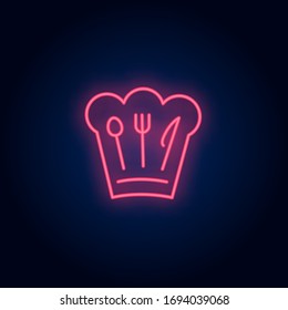 Chief cook hat with cutlery picture neon sign. Cooking, catering service, restaurant advertising design. Night bright neon sign, colorful billboard, light banner. Vector illustration in neon style.
