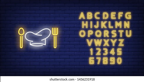 Chief cook hat, fork and spoon neon sign. Cooking, catering service, restaurant advertising design. Night bright neon sign, colorful billboard, light banner. Vector illustration in neon style.