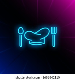 Chief cook hat, fork and spoon neon sign. Cooking, catering service, restaurant advertising design. Night bright neon sign, colorful billboard, light banner. Vector illustration in neon style.