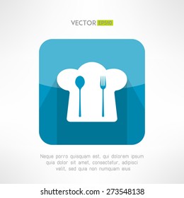 Chief cook hat icon with fork and spoon in modern flat design. Cafe and restaurant simple menu sign with long shadow. Vector illustration