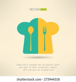Chief cook hat icon with fork and spoon in simple design. Cooking emblem. Vector illustration