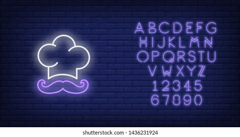 Chief cook hat and moustache neon sign. Cooking, catering service, restaurant advertising design. Night bright neon sign, colorful billboard, light banner. Vector illustration in neon style.