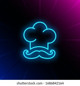 Chief cook hat and moustache neon sign. Cooking, catering service, restaurant advertising design. Night bright neon sign, colorful billboard, light banner. Vector illustration in neon style.