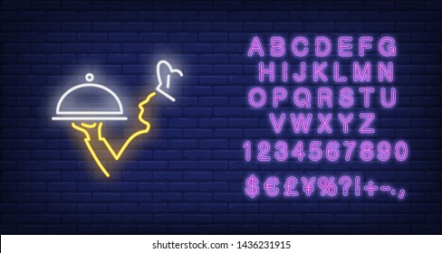 Chief cook holding serving tray neon sign. Cooking, catering service, restaurant advertising design. Night bright neon sign, colorful billboard, light banner. Vector illustration in neon style.