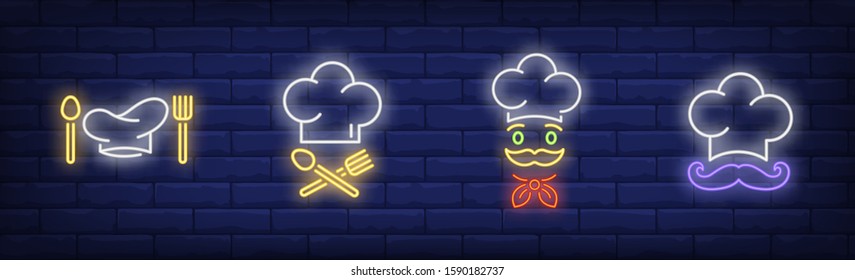 Chief Cook Neon Sign Set. Man, Moustache, Cap. Fork, Spoon. Vector Illustration In Neon Style, Bright Banner For Topics Like Restaurant, Cooking, Catering