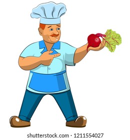 the chief the cook on a white background with vegetable in a hand